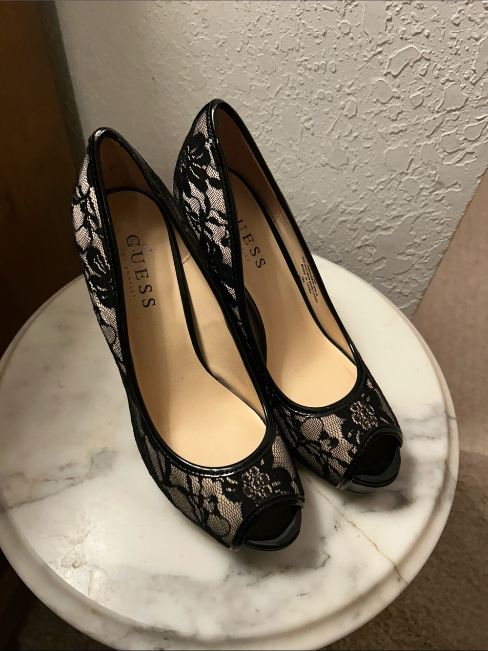 GUESS Black Lace Peep-Toe Platform Heels. Like new. 7.5